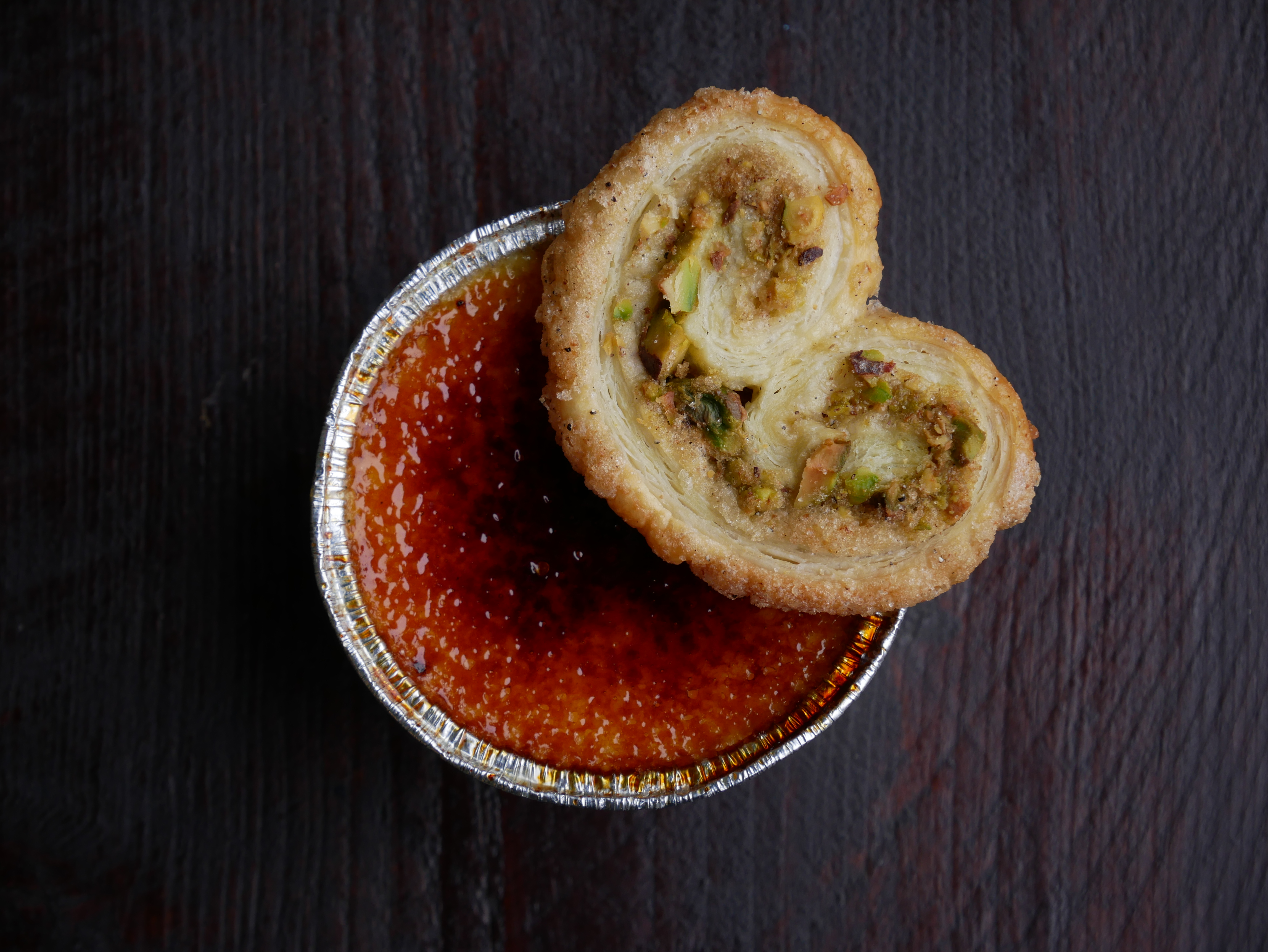 Pistachio palmier topped creme brulee.JPG